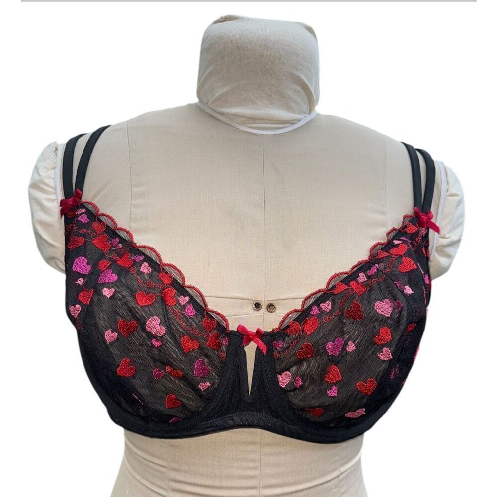 Cacique Unlined Balconette Bra 42DD Black Sheer Embroidered Hearts
